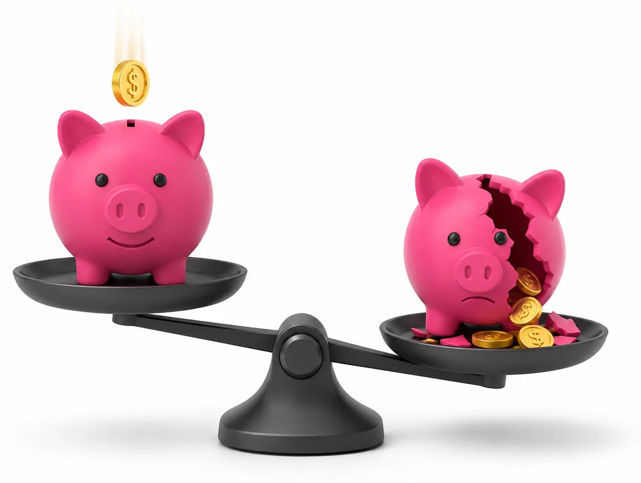 Balanza con Chank, la alcancía sana de un lado, y una rota derramando monedas del otro